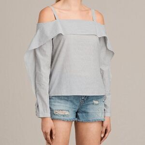 ALLSAINTS ~ Medium ~ Poplin Cotton Micro KHAN STRIPE Frill Off Shoulder Top 008